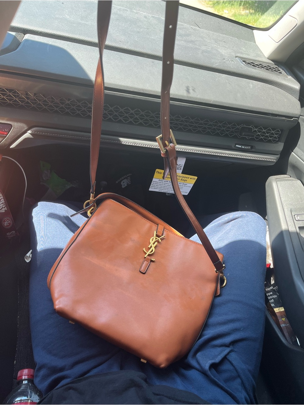 Saint Laurent Tan Leather Messenger Bag with Gold YSL Logo - Picture 3 of 6